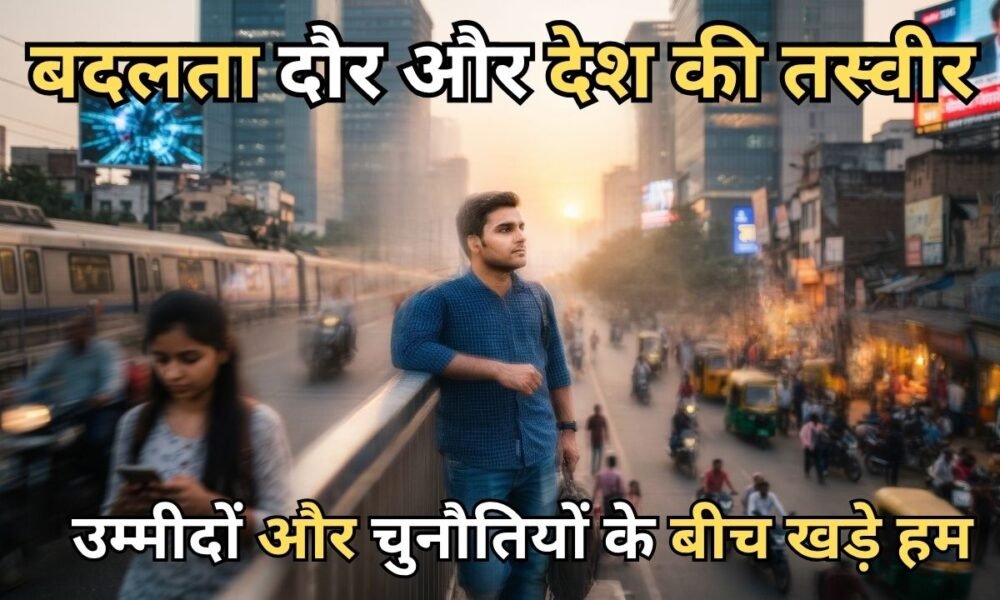 A young Indian man standing on an overpass overlooking a busy Indian city street, representing youth aspirations and changing times in modern India.
