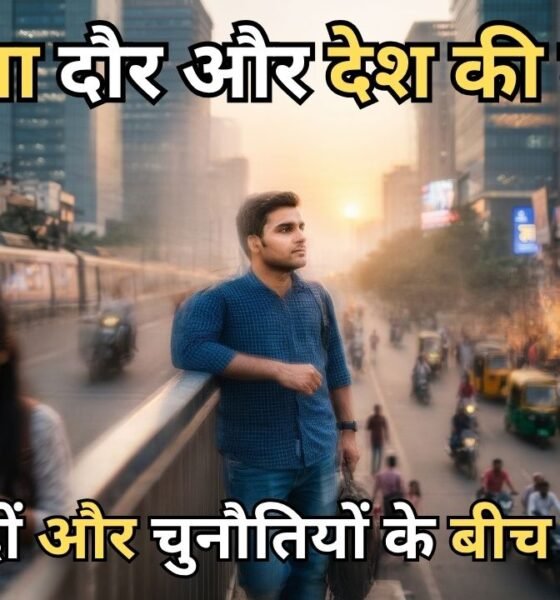 A young Indian man standing on an overpass overlooking a busy Indian city street, representing youth aspirations and changing times in modern India.
