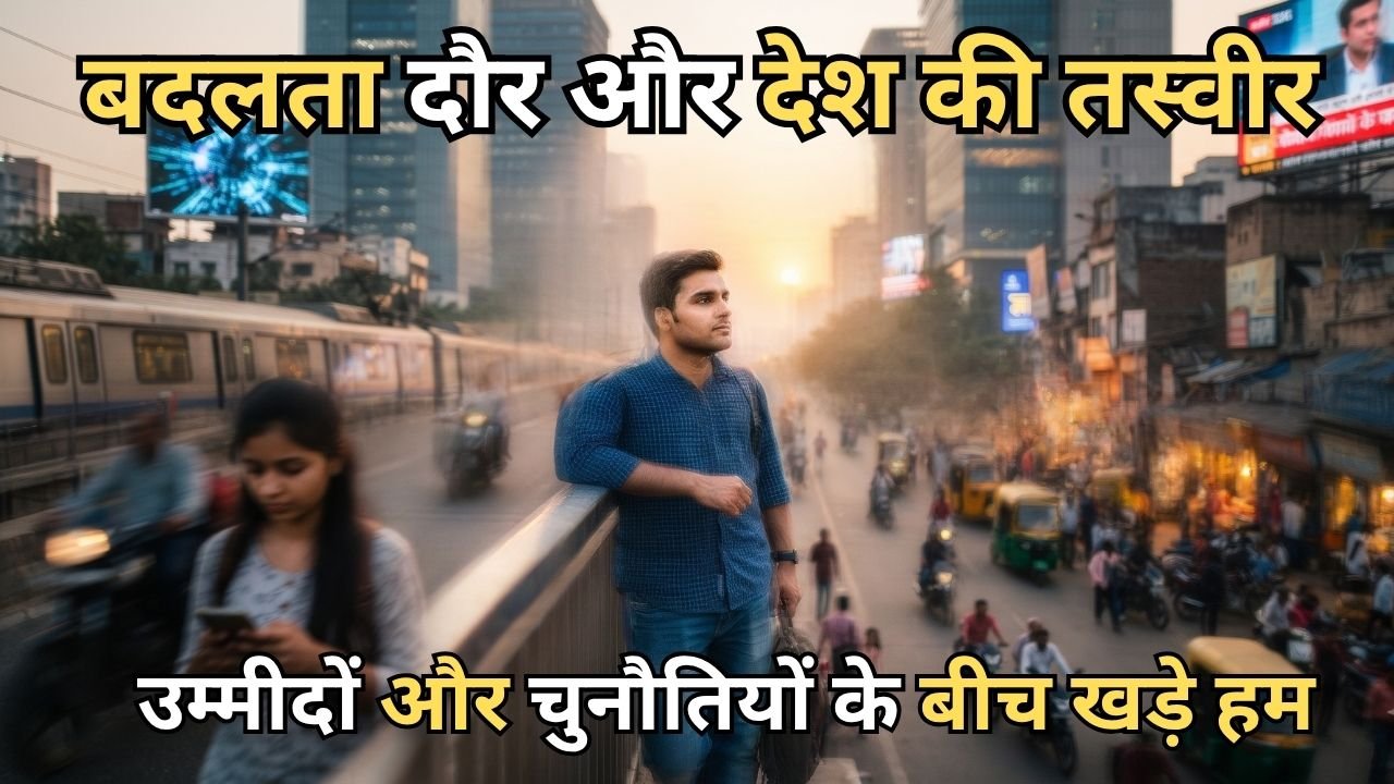 A young Indian man standing on an overpass overlooking a busy Indian city street, representing youth aspirations and changing times in modern India.